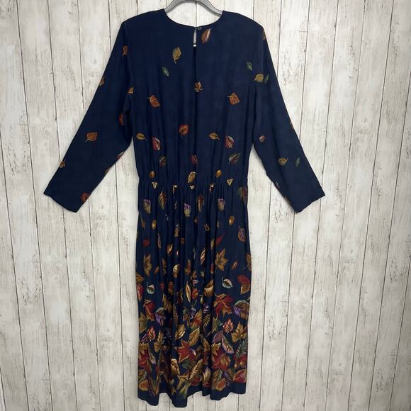 BF Classics Vintage 80s Fall Leaves Long Sleeve Teacher School Maxi Dress Plus - Picture 2 of 9